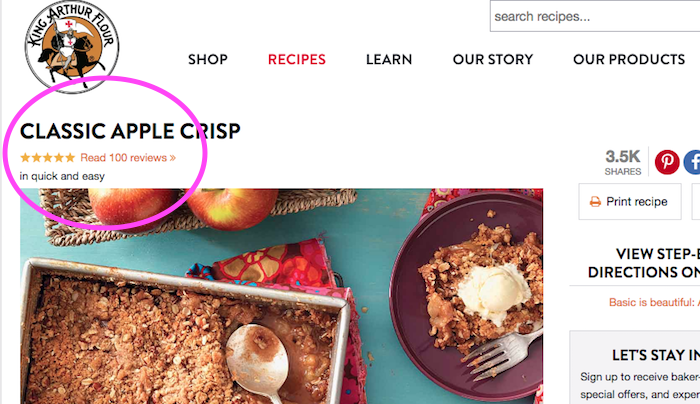 Screen Shot of Apple Crisp Recipe with Reviews circled in pink