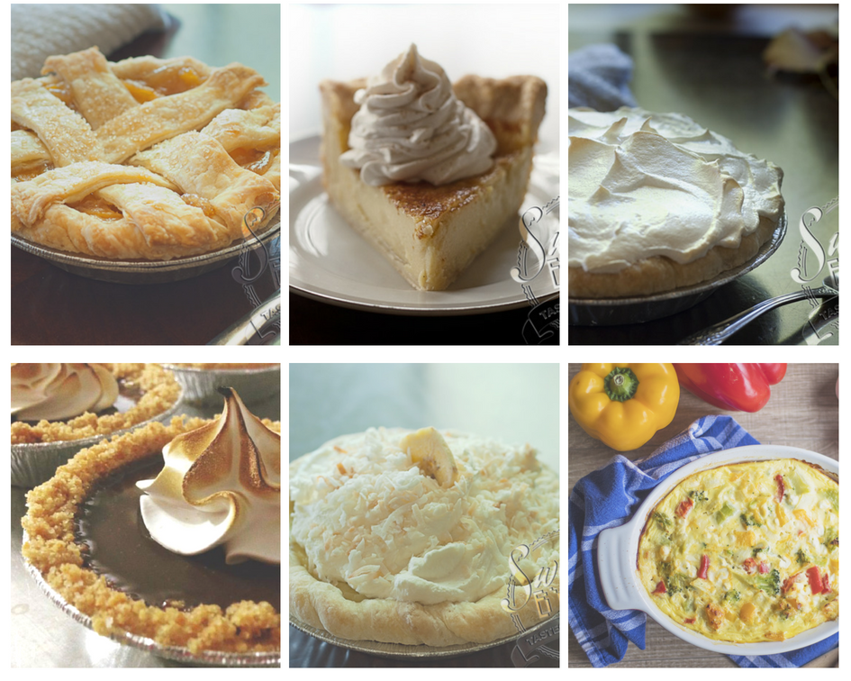 photo collage of 6 different types of pie: fruit pie, custard pie, meringue pie, novelty pie, cream pie, and quiche