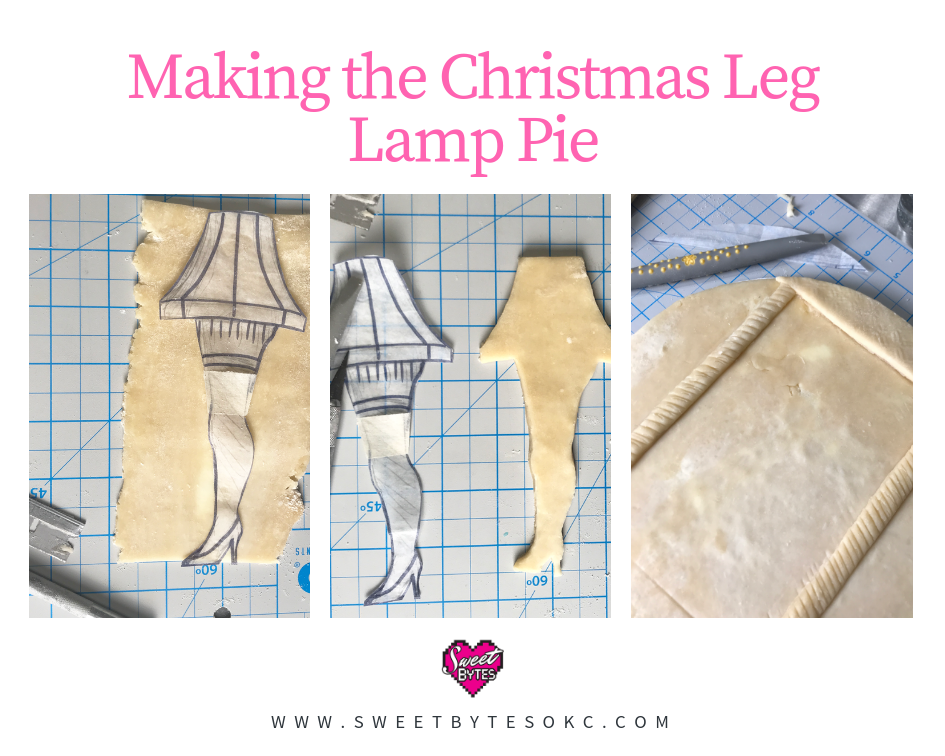 a graphic with three images showing cutting out the pie crust and making the leg lamp pie 