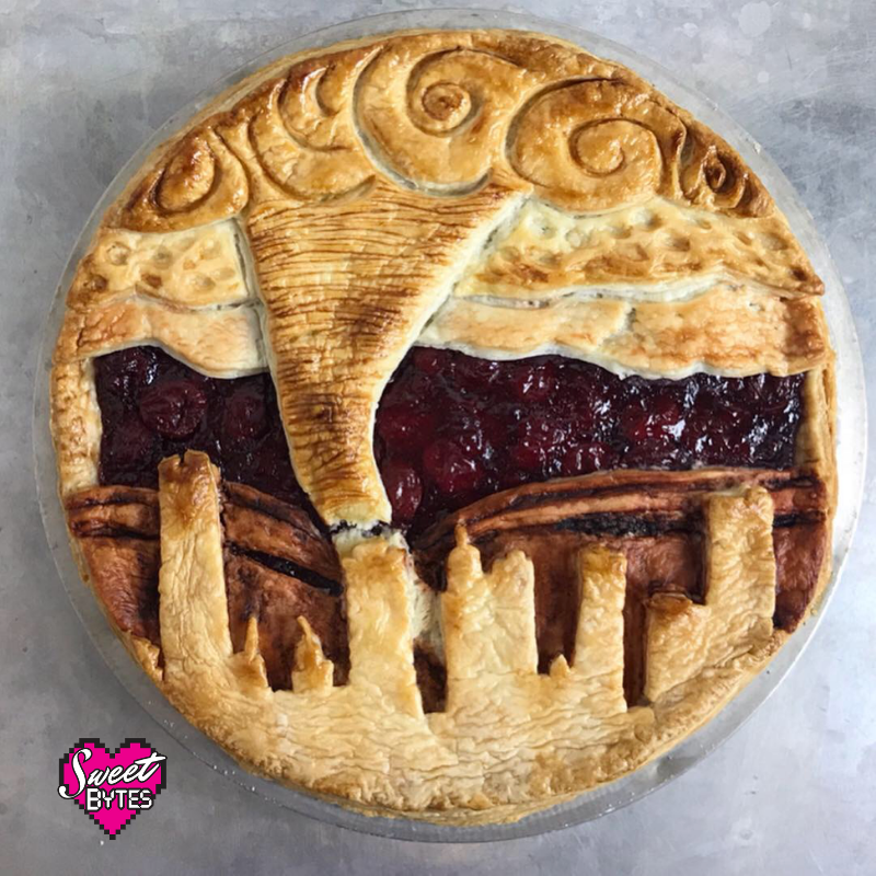 Baked OKC Pie depicting downtown Oklahoma City in pie crust