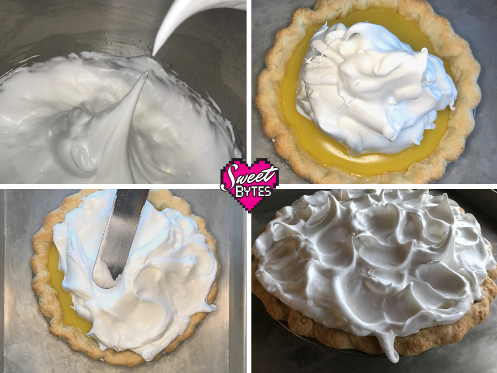 Four pictures that demonstrate how to put meringue on lemon meringue pie