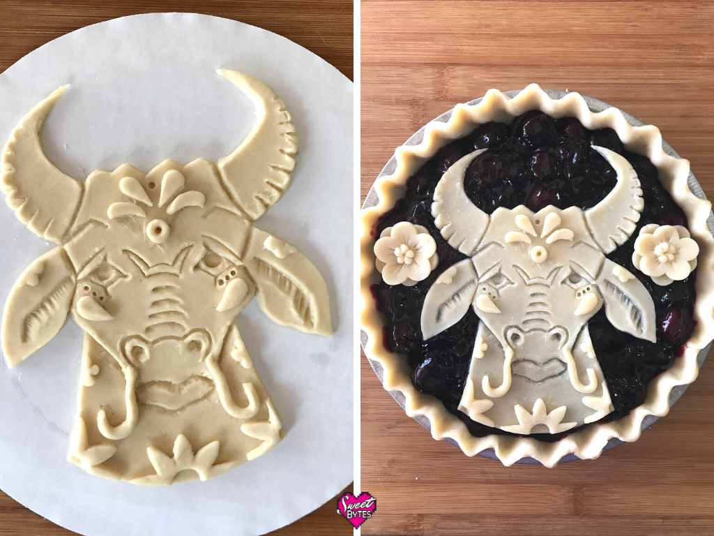 Two images of the raw Year of the Ox pie. On the left, the pie crust ox is on a cake round, on the right the unbaked Lunar New Year Pie is assembled. 